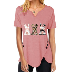 Damer påsk Print Top T-shirt Oregelbunden fåll Kort ärm Pink M