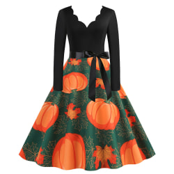 Dam Retro Rockabilly långärmad klänning Halloween klänning med V-ringad E S