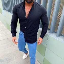 Män Button Up Långärmad Tops Blus Casual Shirts Blus Black M