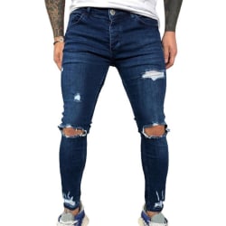 Elastiska skinny jeans män hål jeansbyxor Deep Blue 3XL