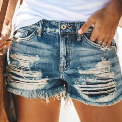 Rippade jeansshorts Kvinnor Casual Summer Mid waisted Short byxor Deep blue S