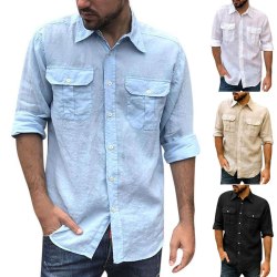 Herrskjorta i bomullslinne med framficka i lapel, långärmad T-shirt Light blue S