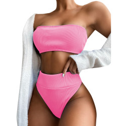 Flickor i enfärgad hög midja delad baddräkt Tube Top Beach Wear Pink L