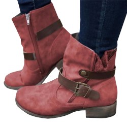 Kvinnor Vintage Spänne Boots Rund Toe Dam Booties Skor Red 42