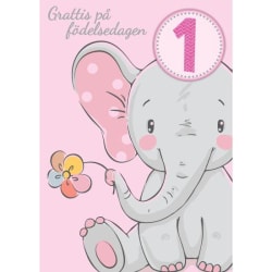 Enkelt Barnkort 1 år, Elefant, Rosa -  Spader