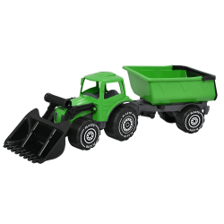 Vihreä traktori etukuormaajalla ja perävaunulla, 56 cm - Plasto
