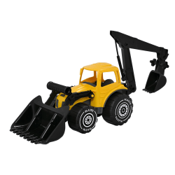 Gul Traktor med Frontlastare och  Grävare, 70 cm - Plasto