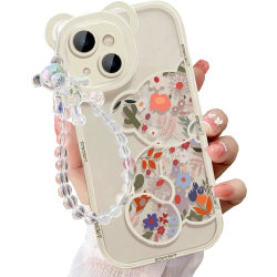 Kompatibel med iPhone 15 etui, Cute Flowers Bear Camera Protector Clear Case Cover med Dejlig rem Armbånd Kæde Piger Dame Case til iPhone 15