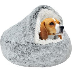 Fluffy plys beroligende seng til hunde under 10 kg, vaskbar angstdæmpende hundeseng til små mellemstore hunde, blød varm indendørs donutseng (65 cm, grå)