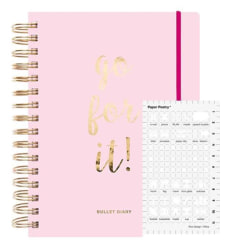 Agenda Bullet journal rosa med spiraler 96 ark + Office icons stencil