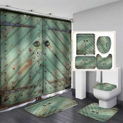 4 st Vintage Print Vattentät Duschdraperi Toalettmatta 06#Rustic Door 3Pcs Set + Shower Curtain 71x71"