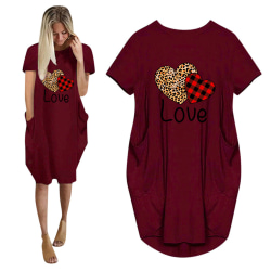 Damer LOVE Kortärmad lös klänning med ficka Casual Wine Red 2XL