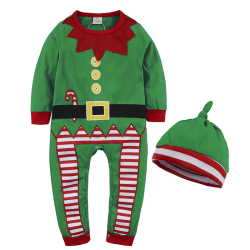 Barn Pojkar Flickor Jultomte Elf Romper Jumpsuit Hat Set Green 70cm