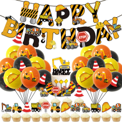 Grattis på födelsedagen Banner Dekorationer Ballonger Tårta Topper för barn Svart Gul Orange Byggnadsfordon