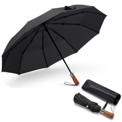 Automatiskt paraply med trähandtag, automatisk stängning, skydd mot regn, sol, vind, hållbart, etc. Svart