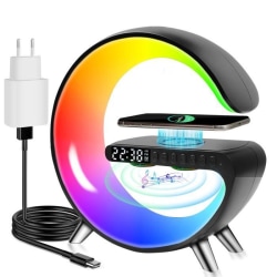 Trådlös laddare, 15w, med RGB omgivande ljus, tidsdisplay, programmerbar väckarklocka, Bluetooth-högtalare, Svart