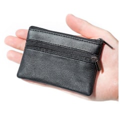 Äkta läder Liten plånbok med dragkedja-korthållare Svart