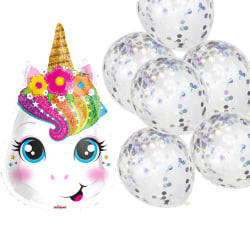 Ballong Unicorn och 6 ballonger med regnbågsskimrande konfetti multifärg