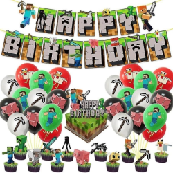 Minecraft-tema Grattis på födelsedagen Set Inredningstillbehör Banner Pull Flag Cake Toppers Kit null none