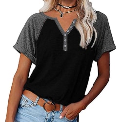 Women Summer Colorblock V-neck Short Sleeve T-shirt Black Black XXL
