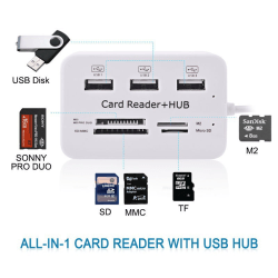 USB 2.0 Minneskortsläsare + USB Hub (Höghastighet) Vit
