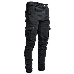 Män Cargo Combat Denim Byxor Skinny Jeans Casual Slim Fit Byxor Black S
