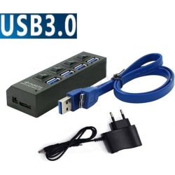 4 Port USB 3.0 HUB Strömbrytare Splitter Plug &amp; Play + Strömadapterkabel för PC EU GOBRO