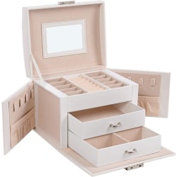 Jewellery Box, Travel Jewelry Case, Portable Lockable Jewellery Box with 2 Drawer Mirrors, Lock and Key Gift Idea, White
