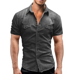 - Kortärmad sommarskjorta för män, jeansskjorta i mjuk bomull