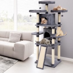 COSTWAY Cat Tree Skrapstolpe 60x50x170 cm med stolpar Skrapbräda 3 plyschpinnar 2 nischer 3 hängande mjuka leksaker