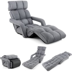 COSTWAY Relax Fåtölj för vardagsrum, schäslong golvstol - 5 vinkel justerbart ryggstöd med nackstöd och fotstöd grå