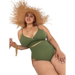 Kvinnor med hög midja BH Bikini Set Badkläder Baddräkt Oversized Grön 3XL