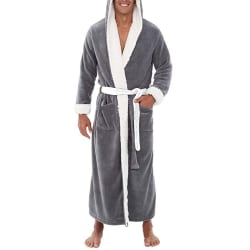 Morgonrock för män Tjock Fleece Varm Hoody Wrap Robe Sovkläder Grey XL