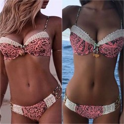Kvinnor Blommig Vadderad Push-up BH Bikini Set Badkläder Baddräkt Pink XL