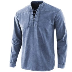 Modeskjorta för män långärmad strandtopp med V-ringad dragsko blue L