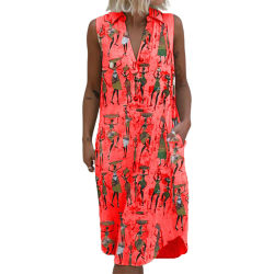 Kvinnor sommar Casual ärmlös mode V-ringad klänning Red 3XL