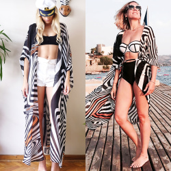 Dam Zebra Stripe Bikini Cover Up Badkläder Lång Kimono Cardigan Zebra Striped One Size