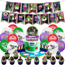 Barn Pojkar Flickor Födelsedagsdekorationer Ballonger Banner Cake Topper Grön Vit Röd Lila Toy Story Buzz Lightyear