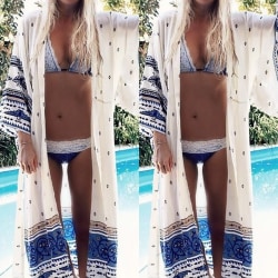 Dambaddräkt Bikini Cover Up Lång Kimono Cardigan Badkläder White+Royal Blue One Size