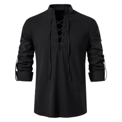 Medeltida Viking Pirate Costume Långärmad skjorta V-hals för män black L