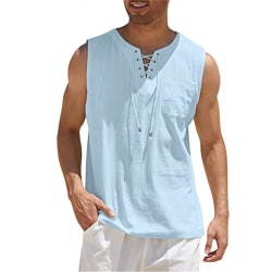 Herr linne snörning V-ringad kortärmad pirat vintage T-shirt light blue 4XL