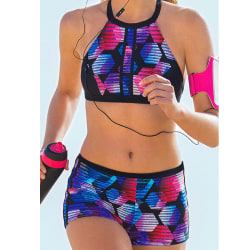 Womens Sports Crop Tops Boy Shorts Bikini Set Baddräkt Badkläder Blue&Pink L