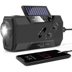 Kampiradio 2000 mAh Powerbank aurinkokennoilla ja taskulampulla - musta