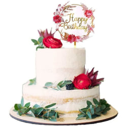 Happy Birthday - Cake Topper Guld med blommor Guld