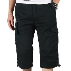Män Plain 3/4 Längd Cargo Pants Combat Multi Pockets Black XL