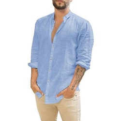 Linne enfärgade skjortor med ståkrage för män light blue 2XL