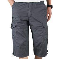 Män Plain 3/4 Längd Cargo Pants Combat Multi Pockets Dark Grey L