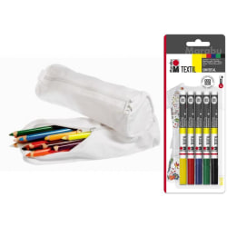 Textilpennset: 5 st textilpennor 1-2mm + 2 st vita pennfodral multifärg