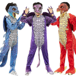 Pojkar T Rex Dragon Jumpsuit med rörlig käkmask Fancy dress outfit Halloween dinosaurie kostym för barn 8-9 Years Old Blue