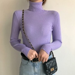 Damtröjor med turtleneck Casual Mjuk tröja Elastiska tröjor Purple